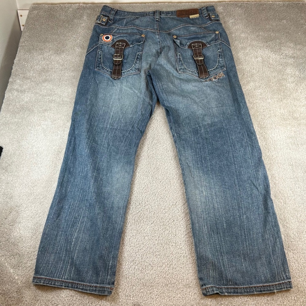 Coogi Trap & Skeet Jeans Mens 40x32 Blue Denim Straight Leg Embroidered Buckle